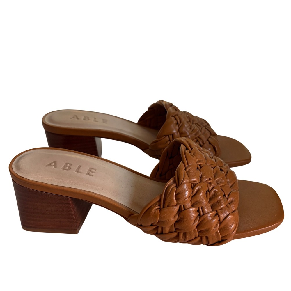 ABLE Tamera Braided Leather Block Heel Sandals Cognac Brown Square Toe Womens 6M